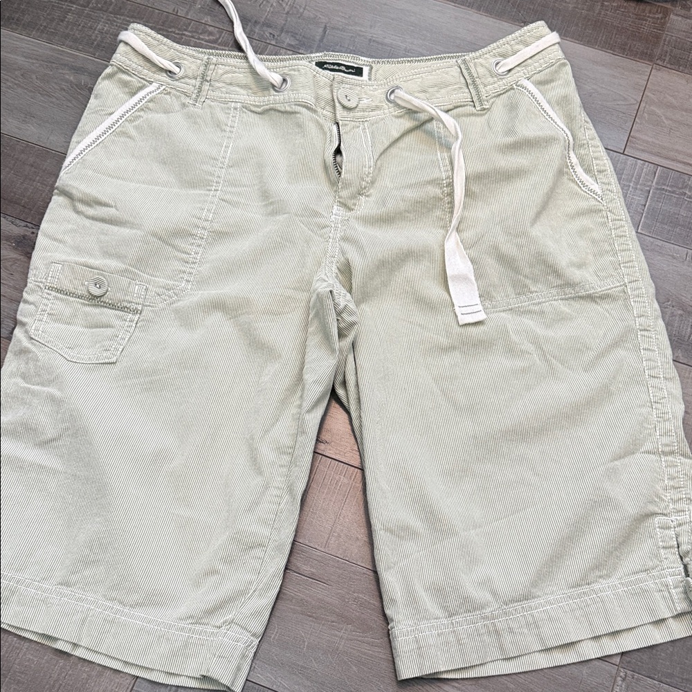 Eddie Bauer Women's Light Green and White Striped Bermudas
